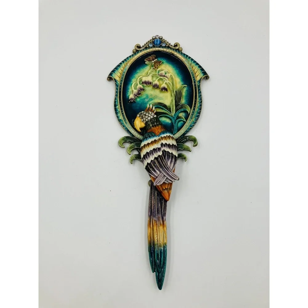 Two's Company Enamel Hand Mirror Austrian Crystal Parrot Lily of the Valley-READ